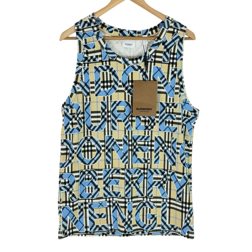 BURBERRY Lisbon Blue Logo Cotton Print Men's Check Tank Top Marked as M